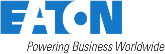 Eaton logo with blue wordmark and the tagline 'Powering Business Worldwide'