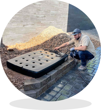 Construction worker kneels beside a large rectangular perforated drainage cover, inspecting or installing a storm sewer access surrounded by stone edging and gravel.
