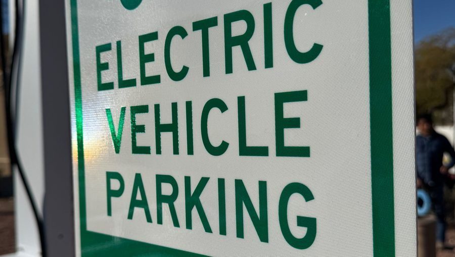 Sign for electric vehicle charging stations.