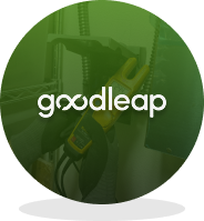 GoodLeap logo centered in a circular green-tinted photo with gym weights in the background.
