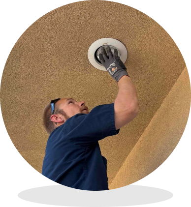 Worker in a navy shirt with gloves tightens a circular ceiling light fixture overhead.