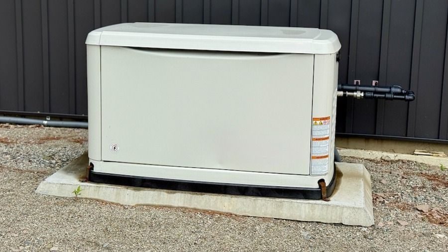 Outdoor HVAC condenser unit on a concrete pad against a dark wall, with piping on the right side and warning label visible.