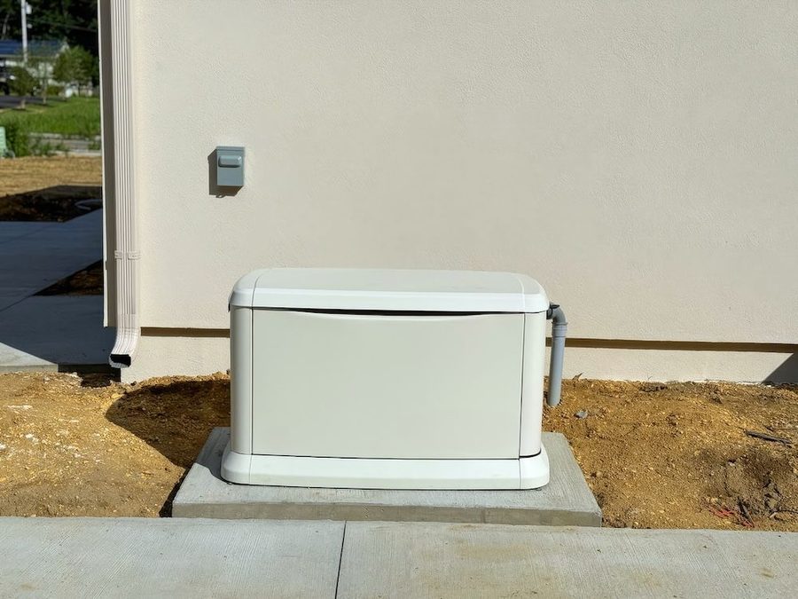 Generator on the side of a house on a concrete slab